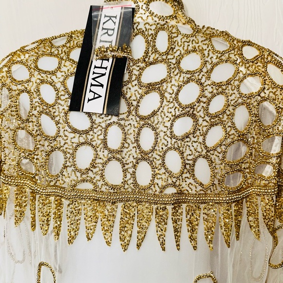NWT Breathtaking Vtg Krishma Handmade Ivory & Gold Beads Embellished Net Duster - Picture 11 of 16